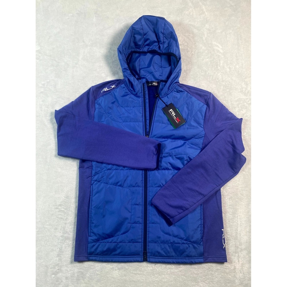 RLX Ralph Lauren Golf Cool Wool Jacket‎ Mens Medium Blue Modal Hooded Full Zip